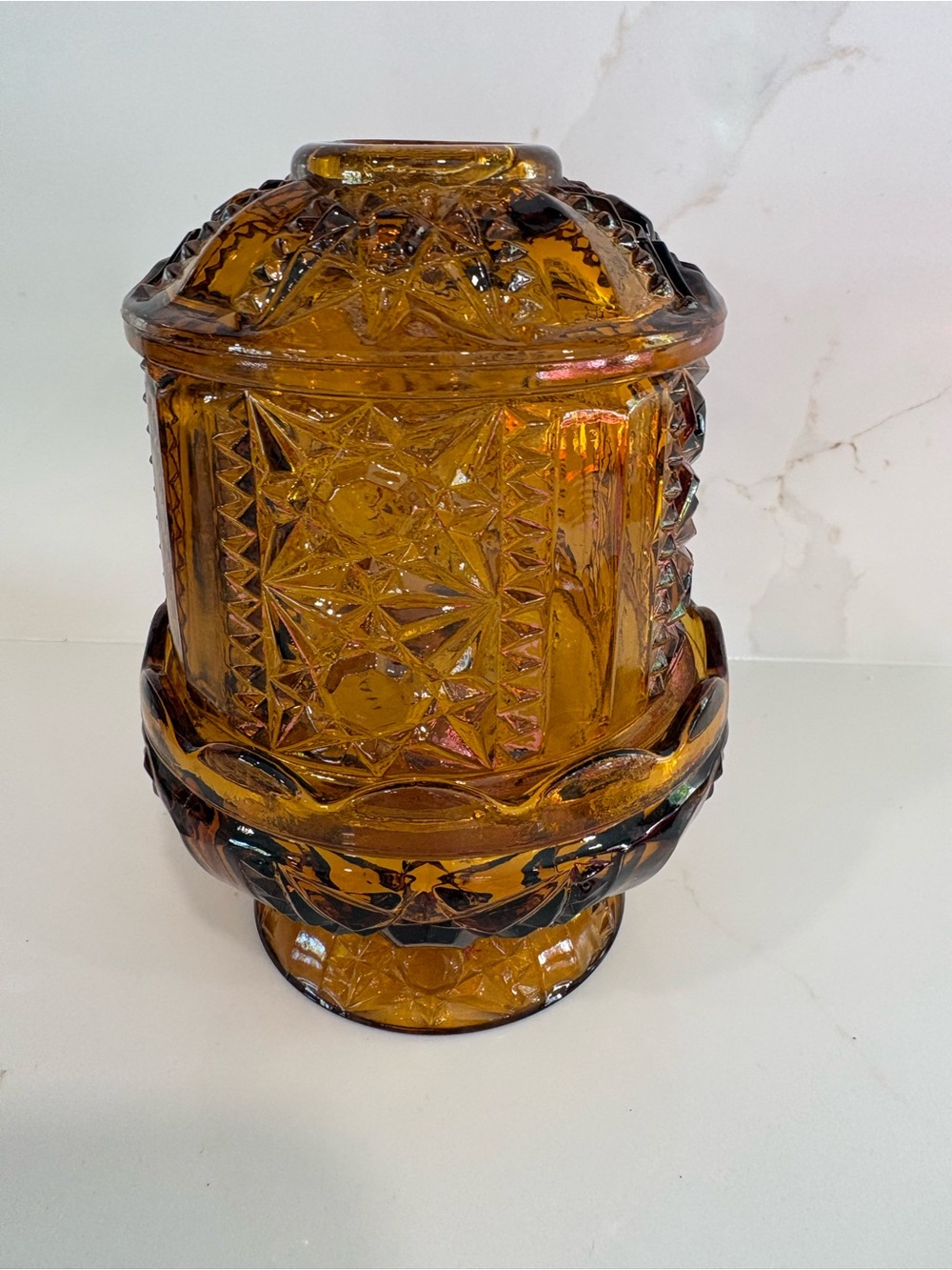 Fairy Lamp Vintage 1970s Indiana Glass Diamond Point Amber Pressed Glass.